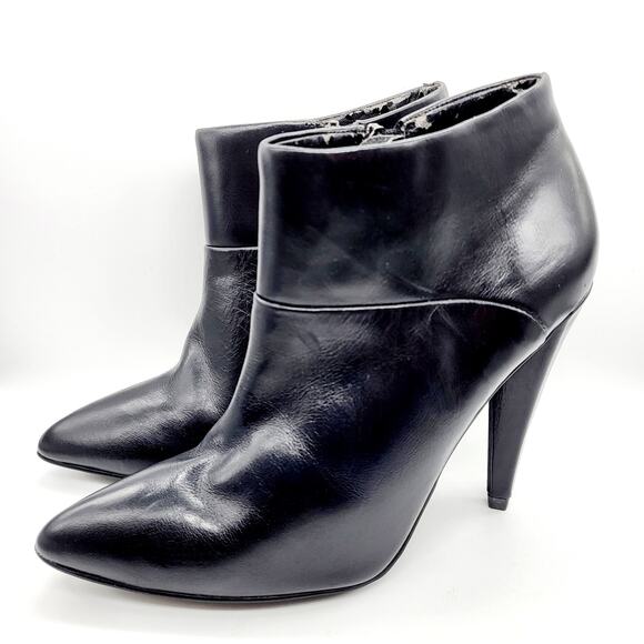 Colin Stuart Black Leather Ankle Boots Cone Heels Zipper Pointed Toe Women's 5 - Picture 2 of 11